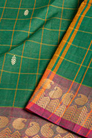 Basil Leaf Green Handloom Chettinad Cotton Saree With Checks And Paisley Border 10075850
