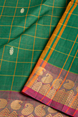 Basil Leaf Green Handloom Chettinad Cotton Saree With Checks And Paisley Border 10075850