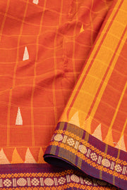 Firelight Amber Orange Handloom Chettinad Cotton Saree With Checks And Temple Border 10075854