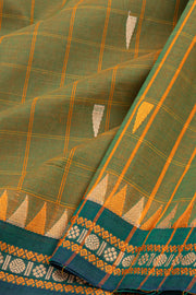 Autumn Olive Green Handloom Chettinad Cotton Saree With Checks And Temple Border 10075855