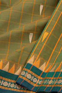 Autumn Olive Green Handloom Chettinad Cotton Saree With Checks And Temple Border 10075855