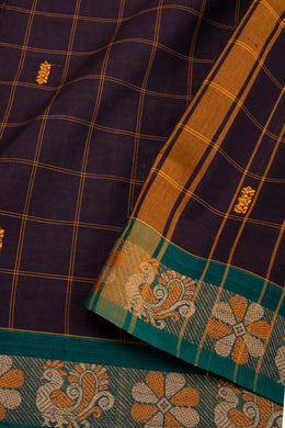 Dark Raisin Brown Handloom Chettinad Cotton Saree  Brown With Checks Design 10075856