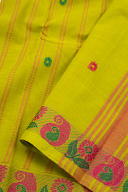 Green Handloom Chettinad Cotton Saree With Stripes And Paisley Border 10075860