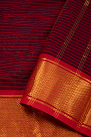 Maroon Handloom Chettinad Cotton Saree With Stripes And Zari Border 10075874