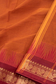Brown Handloom Chettinad Cotton Saree With Temple Border 10075876