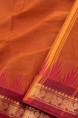 Brown Handloom Chettinad Cotton Saree With Temple Border 10075876