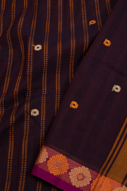 Brown Handloom Chettinad Cotton Saree With Stripes And Floral Border 10075859