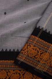 Muted Stone Grey Chettinad Cotton Saree with Temple And Floral Border 10075890