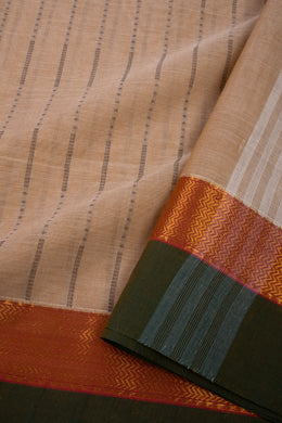 Camel Beige Chettinad Cotton Saree with Stripes And Zari Border 10075895