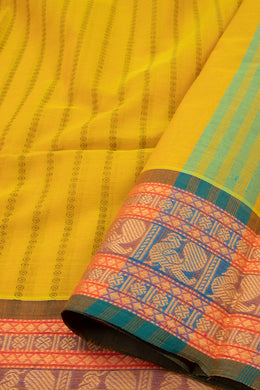 Yellow Handloom Chettinad Cotton Saree With Stripes And Peacock Border 10075896