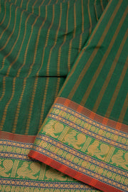 Green Handloom Chettinad Cotton Saree With Stripes And Peacock Border 10075897