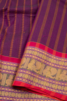 Purple Handloom Chettinad Cotton Saree With Stripes And Peacock Border 10075898