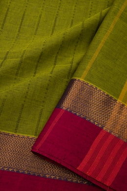 Avocado Green Chettinad Cotton Saree with Stripes And Zari Border 10075899
