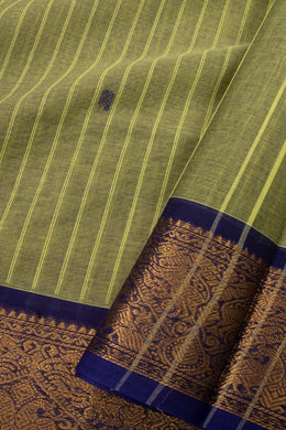 Pistachio Green Chettinad Cotton Saree with Stripes and Peacock Zari Border 10075911