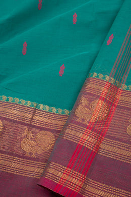 Blue Handloom Chettinad Cotton Saree With Peacock Border 10075912