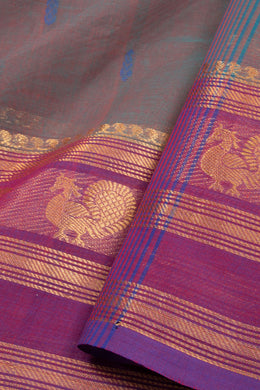 Blue Handloom Chettinad Cotton Saree With Peacock Border 10075915
