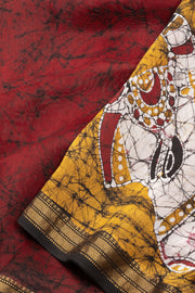 Red Batik Hand Painted Silk Cotton Saree 10073723