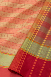 Beige And Pink Vegan Silk Kanjivaram Saree With Checks Design 10076309