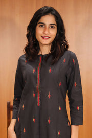 Rustic Black Hand Embroidered Cotton Kurta