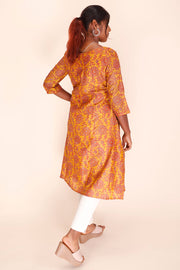 Yellow Kantha Embroidered Tussar Silk Kurta 10064087