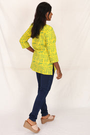 Sunshine Yellow Kutchi Hand Block Printed Cotton Kurti  10071529