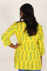 Electric Yellow Kutchi Hand Block Printed Cotton Kurti  10071530