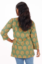 Sage Green Kutchi Hand Block Printed Cotton Kurti 10071548