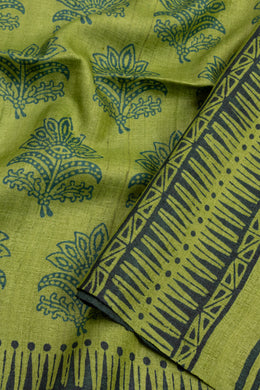 Olive Green Printed Tussar Silk Saree with Floral Motifs 10076447