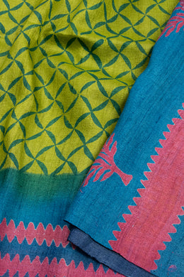 Moss Green Printed Tussar Silk Saree with Geometric Motifs 10076448