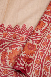 Desert Sand Beige Printed Tussar Silk Saree with Floral Border 10076450
