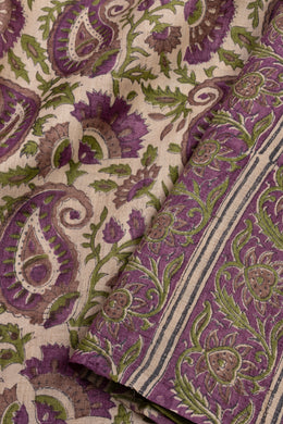 Blush Almond Beige Printed Tussar Silk Saree with Berry Dust Purple Paisley Motifs 10076451