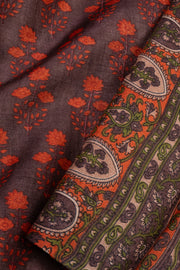 Winewood Brown Printed Tussar Silk Saree with Floral Motifs 10076452