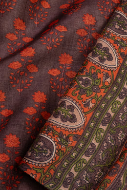 Winewood Brown Printed Tussar Silk Saree with Floral Motifs 10076452