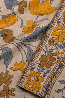 Café Latte Beige Printed Tussar Silk Saree with Sandal Yellow Floral Motifs 10076453