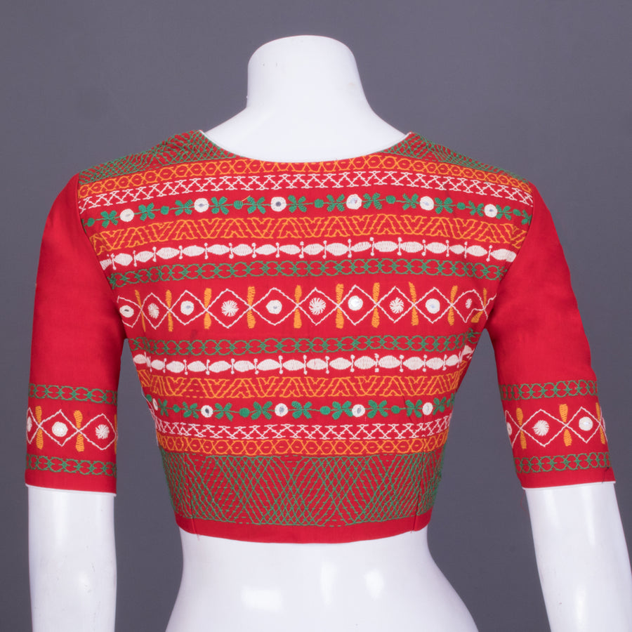 Red Kantha Embroidered Cotton Blouse 10069567 - Avishya