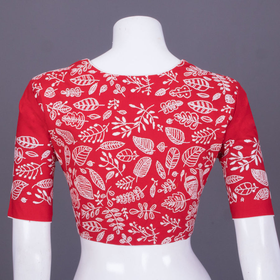 Red Kantha Embroidered Cotton Blouse 10069568 - Avishya