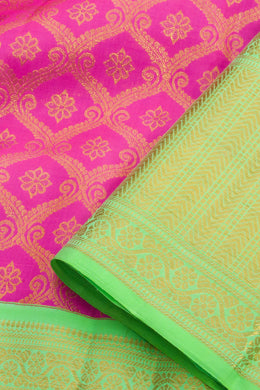 Brilliant Rose Korvai Kanjivaram Pure Zari Handloom Silk Saree with Floral Trellis Motifs and Contrast Green Zari Border 10062462