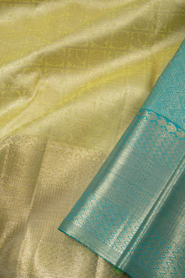 Greenish Pastel Yellow Pure Zari Kanjivaram Silk Saree 10063139