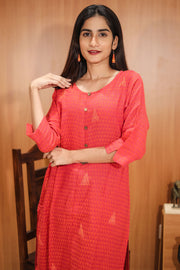 Reddish Orange Hand Embroidered Cotton Kurta 10062692
