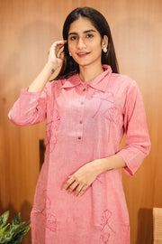 Pink Hand Embroidered Cotton Kurta 10062690