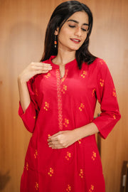 Red Hand Embroidered Cotton Kurta 10062687