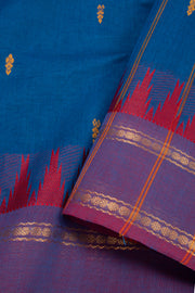 Ocean Sapphire Blue Handloom Chettinad Cotton Saree With Temple Border 10075823