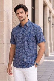 Blue Half Sleeve Ajrakh Printed Cotton Mens Shirt 10071091