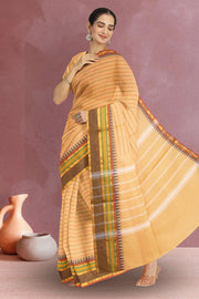 Beige Handloom Chettinad Cotton Saree With Temple Border 10075903