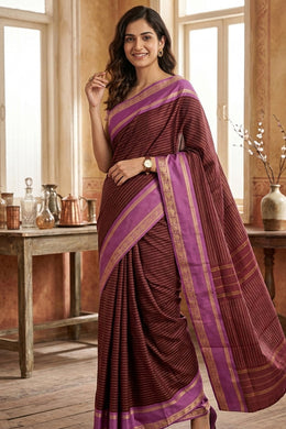 Brown Vegan Silk Kanjivaram Saree With Stripes Design 10076340
