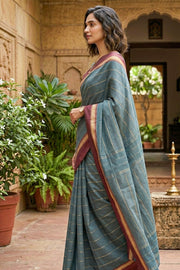 Dusty Teal Green Art Silk Kanjivaram Saree With Stripes Design 10076331
