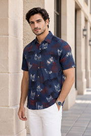 Blue Half Sleeve Ajrakh Printed Cotton Mens Shirt 10072720