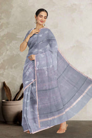Grey Dragonfly Motifs Chanderi Printed Silk Cotton Saree 10075929