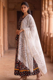 Brown Hand Block Printed Chaniya Choli with Kota Doria Dupatta 10066313