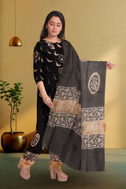 Black Batik Printed 3-Piece Salwar Suit Material 10075995